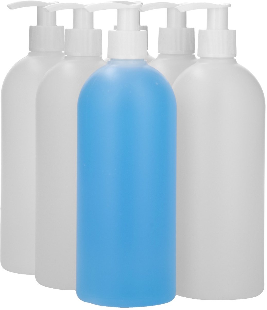 6 x 500 ml ronde fles HDPE naturel + Zeepfles Dispenserpomp wit - BPA Vrij - Niet Breekbaar - Plastic Flesjes Navulbaar - Met Dop - Lege Flessen - 6 stuks