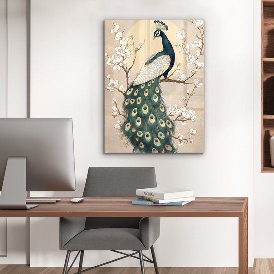 MuchoWow® Peinture sur verre 60x80 cm - Peinture sur verre acrylique - Paon - Branche - Fleurs - Photo sur verre - Décoration murale salon - Décoration murale chambre - Peintures
