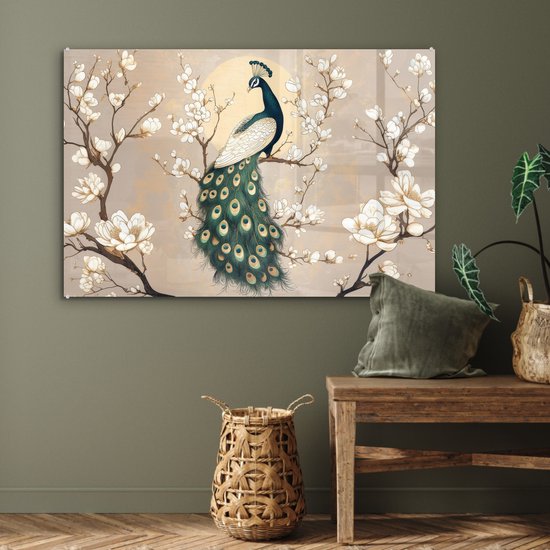 MuchoWow® Tableau sur verre 120x80 cm - Tableau sur verre acrylique - Paon - Branche - Fleurs - Photo sur verre - Décoration murale salon - Décoration murale chambre - Peintures