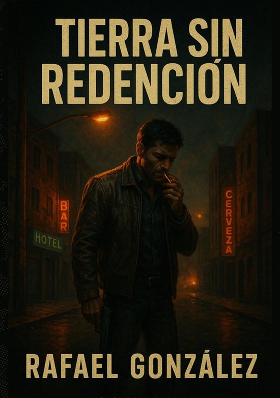 Couverture de livre avec le titre 'TIERRA SIN REDENCIÓN' en grosses lettres et un homme portant une veste en cuir fumant dans la rue.