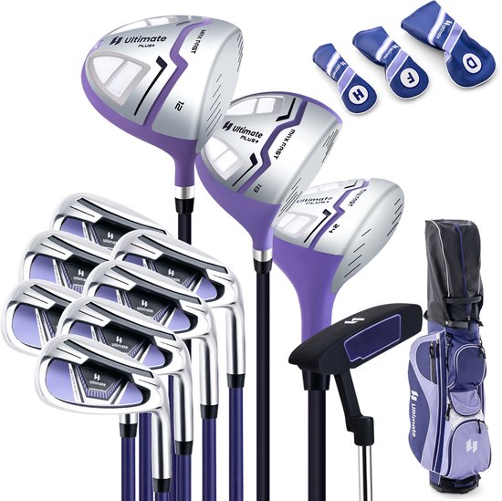 Foto: Costway complete dames golfclubset 11 delige set golfclubs rechtshandig met draagtas en regenhoes golfset met 1 driver en 3 fairway 5 hybride 5 6 7 8 9 p s ijzer putter