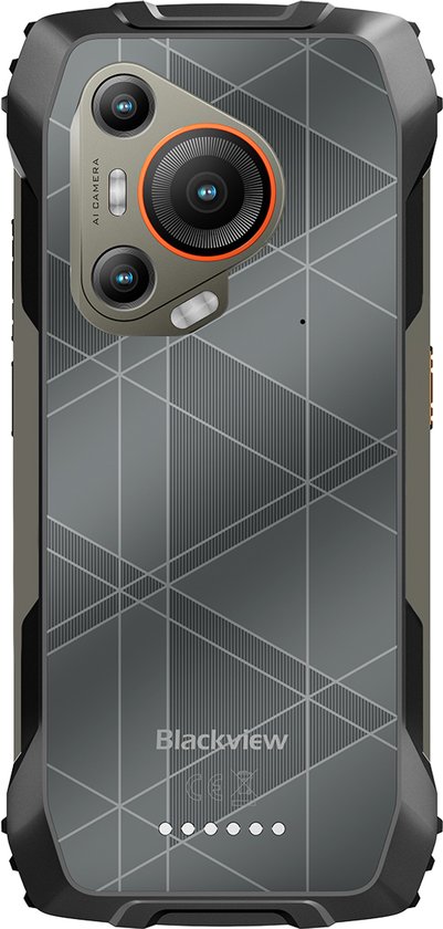 Zwarte Blackview BL7000 smartphone, achterkant met cameralens en geometrisch patroon.