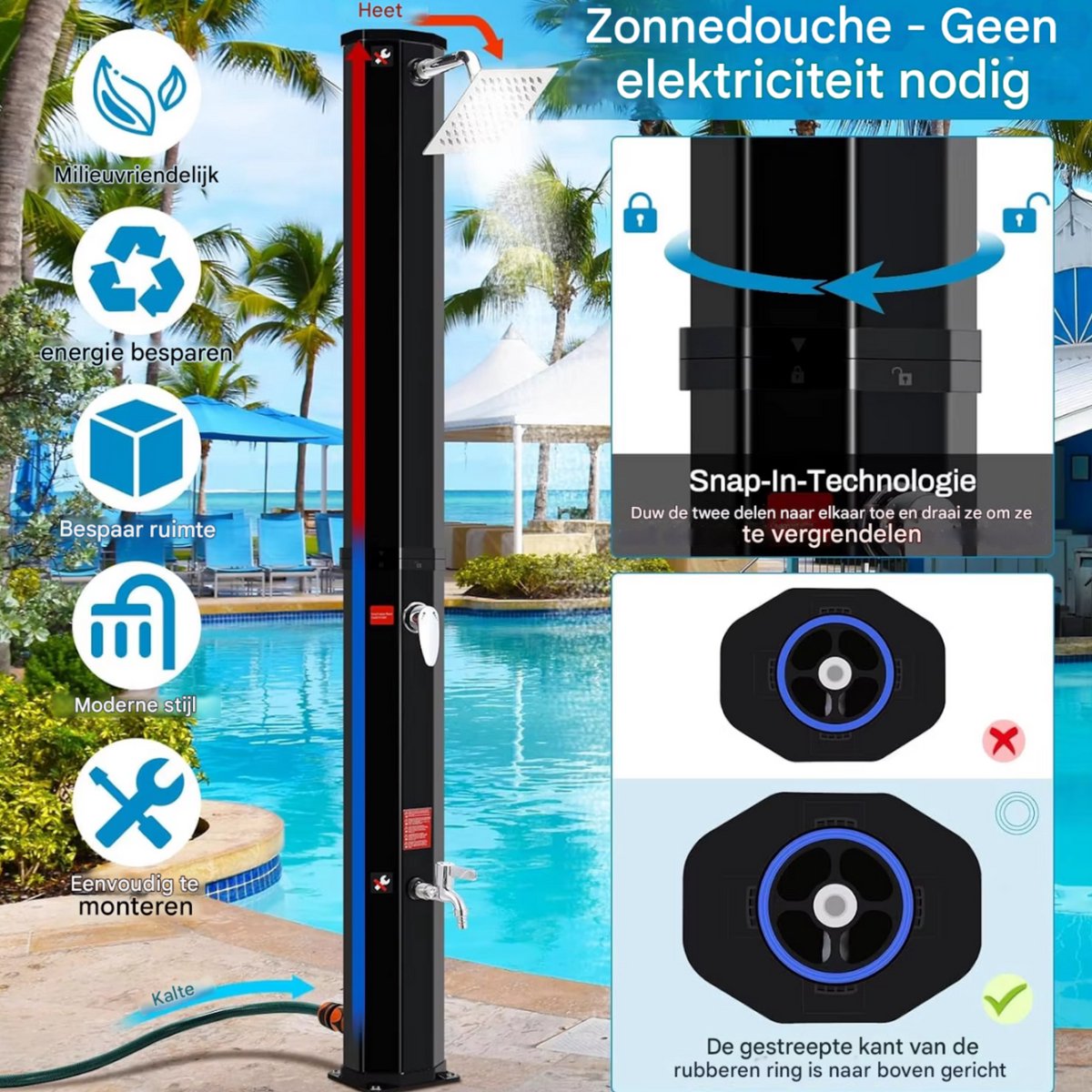 Vrijstaande Buiten Douche - Zwart - Tuindouche - Sauna douche - 360° Zonne-energie Douchekop en Voetspoeluitloop - Temperatuurgestuurd tot 60°C - Met Deksel - 60L thumbnail 6
