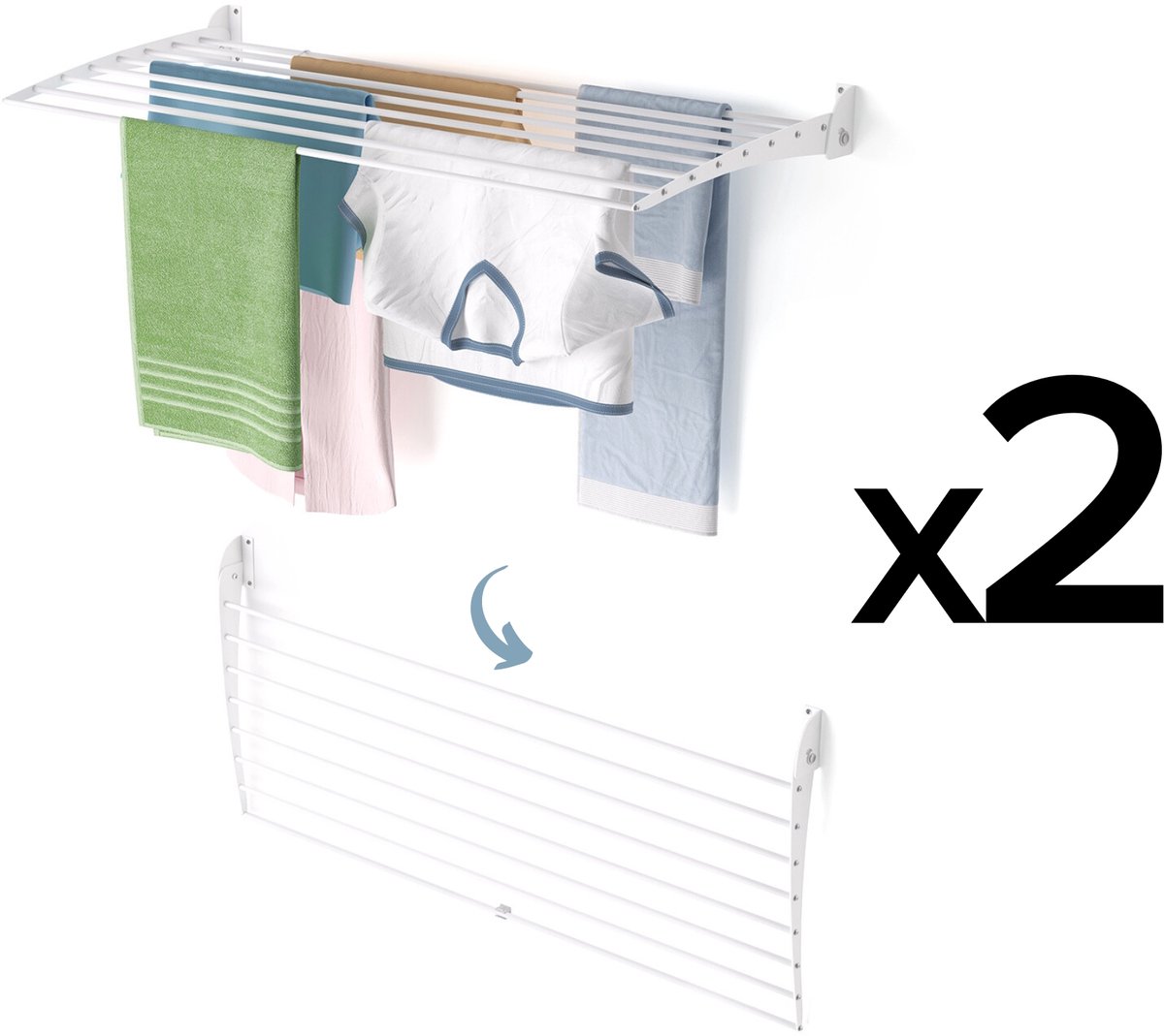 2x Foxydry Fold 116 cm DOWN - white - wasdroogrek wandmontage clicksysteem - neerwaartse sluiting - 116 x 50 x 10 cm