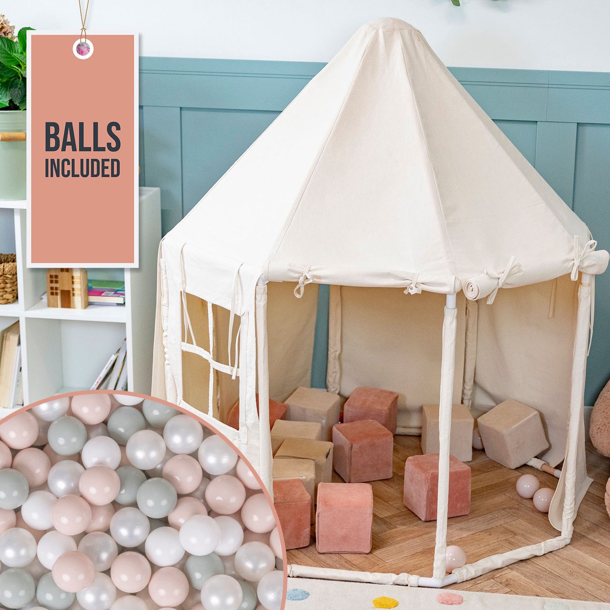 KiddyMoon Speeltent Kindertent Met 700 Ballen Opvouwbaar Voor Kinderen Paviljoenvormig Kinderhuis Eenvoudig In elkaar te zetten Om Binnen En Buiten Te Spelen, Natuurlijk Kleur:Wit/Parel/Pastel Beige/Groen Grijs