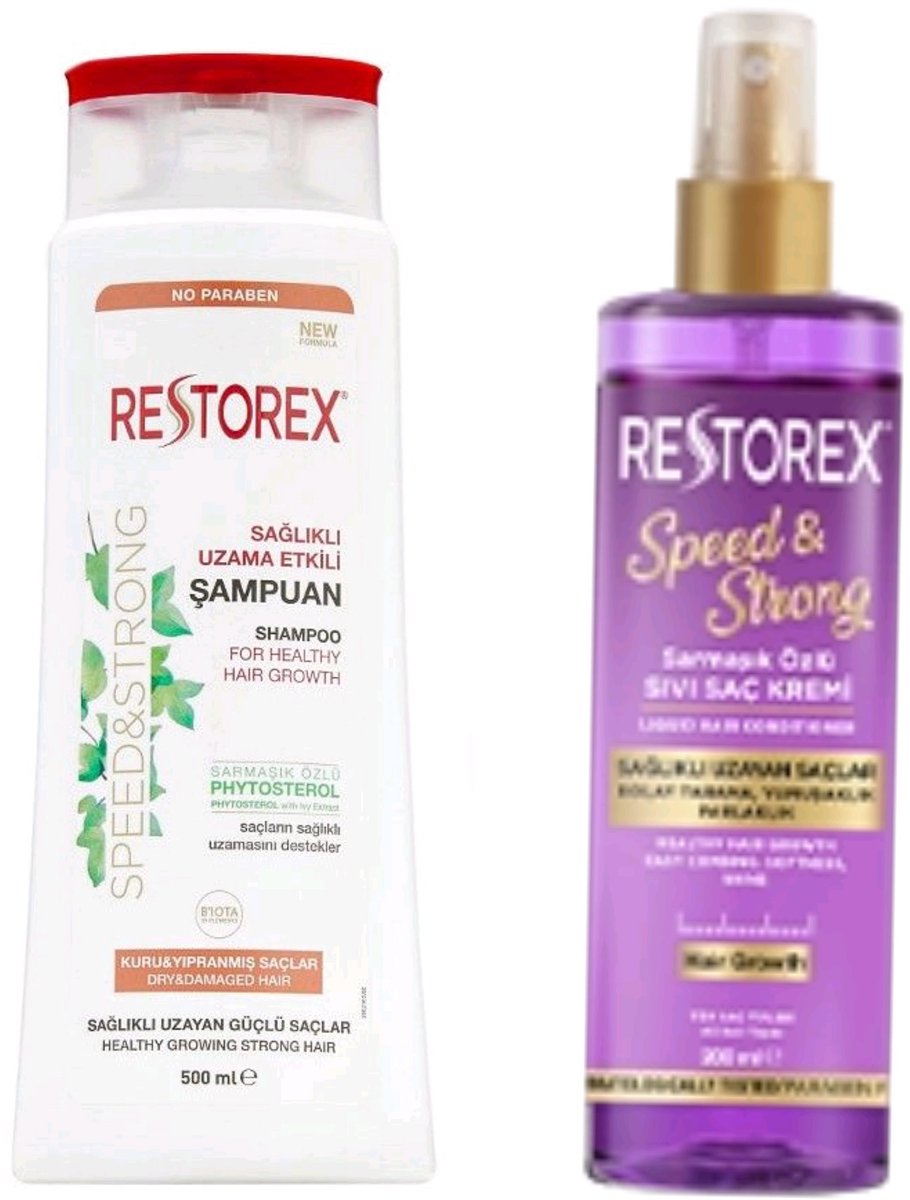 Restorex - Speed & Strong Haarverzorgingset - Shampoo voor droog haar 500ml +Voeibare conditioner 200 ml - Herbal shampoo - bio haarverzorging - haarverzorging set
