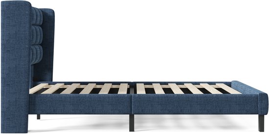 Lit capitonné Lit double 140x200cm - Tête de lit capitonnée, lin, bleu, sommier à lattes (sans matelas)
