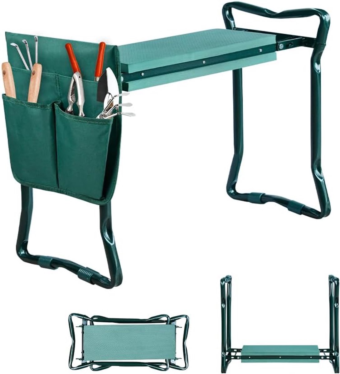 Tuinkniekruk, Opvouwbare Tuinwerkbank, Tuinwerkbank, Belastbaar Tot 150 Kg, Met 2 Werkzakken, 60 X 50 X 28 Cm, Groen