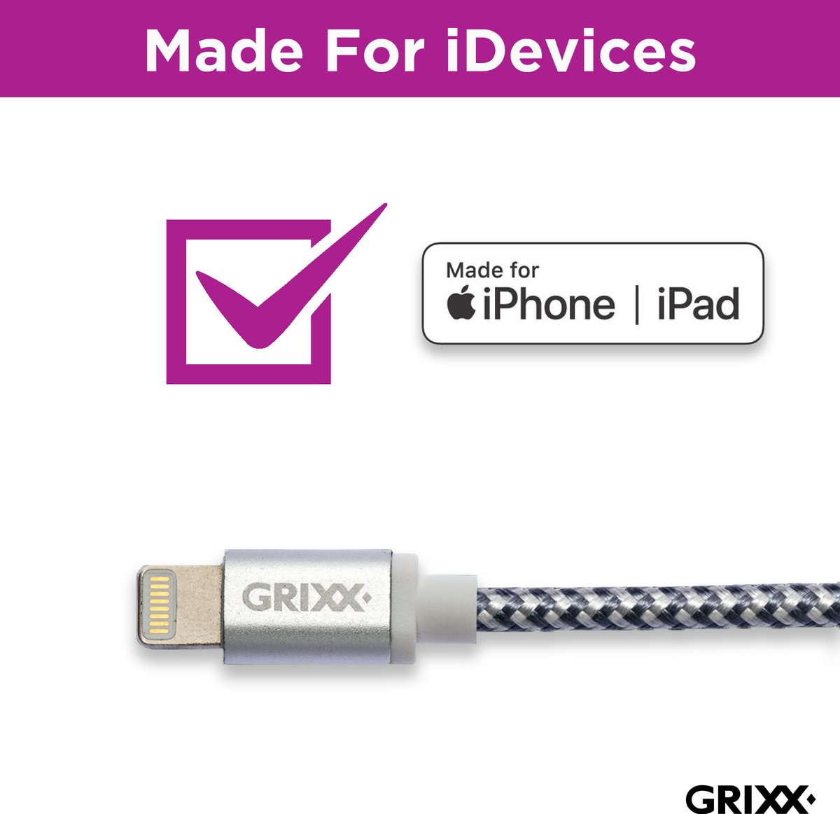 Grixx Lightning naar USB-A Kabel - 3 meter - MFI-gecertificeerd - gevlochten - grijs/wit - Apple