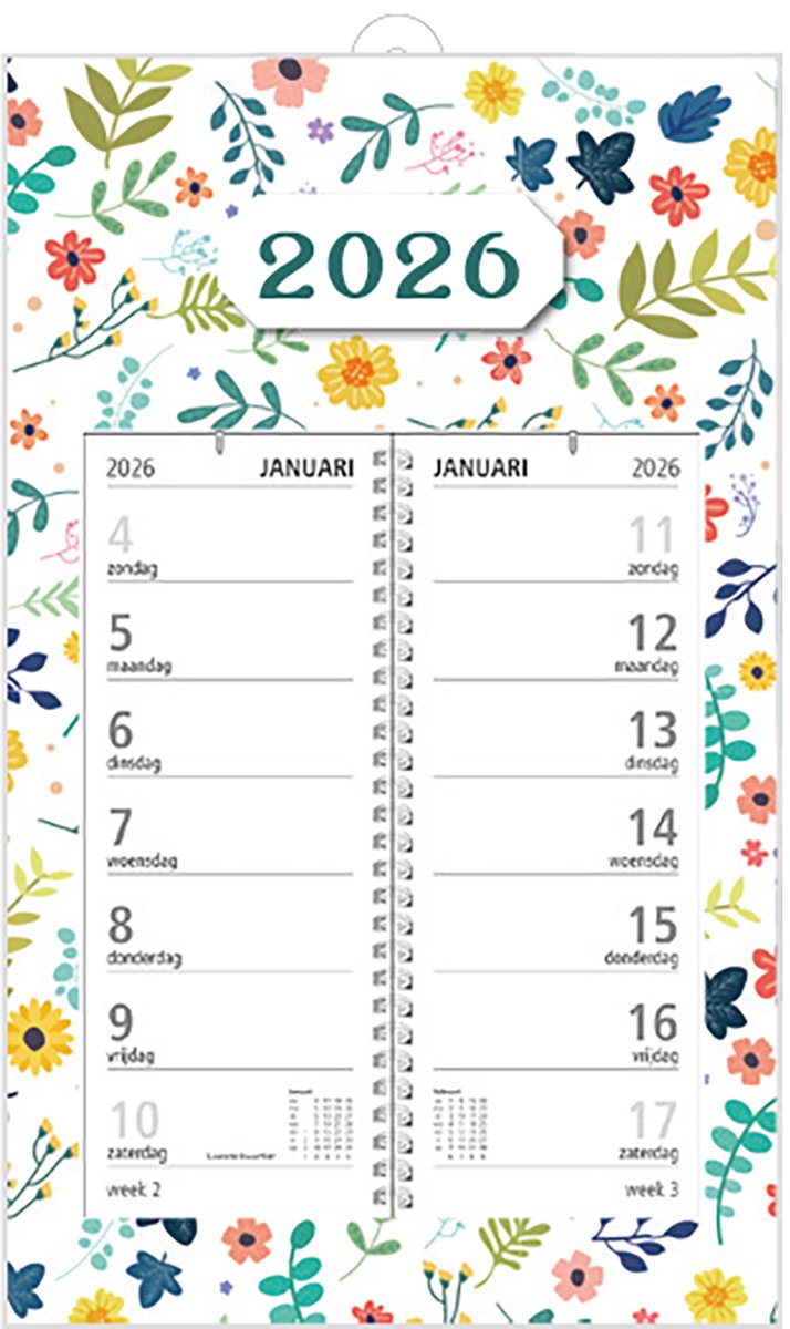 MGPcards - Omlegweekkalender 2026 - Week begint op zondag - 21 x 34 cm - Bloemen - Wit