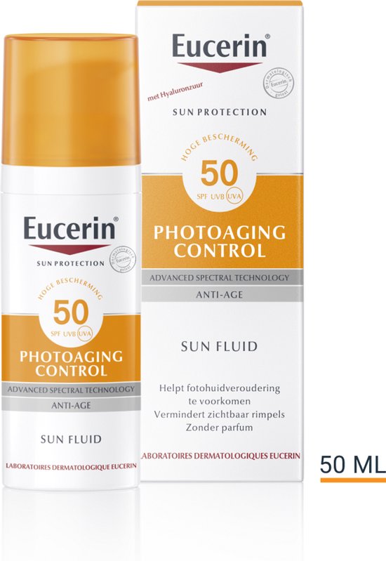 Eucerin Sun Protection zonnefluïde SPF 50 met oranje dop en doos. Tekst: 'Helpt fotoveroudering voorkomen'.