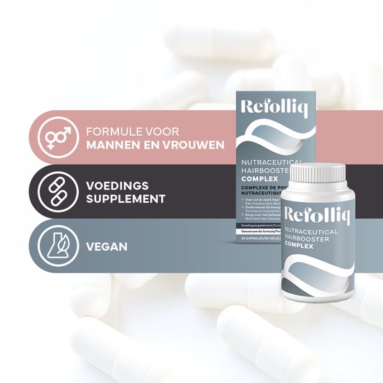 Refolliq Nutraceutical Hairbooster Complex potje en doos. Icons voor mannen/vrouwen, voedingssupplement en vegan. Achtergrond van capsules.