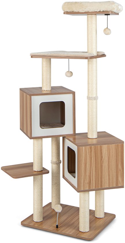 COSTWAY 163 cm krabpaal van hout, 6 verdiepingen grote kattenkrabpaal met 2 holletjes, 2 matten & 3 speelballen, klimboom voor huiskatten, kattenmeubels, katten, activiteitsboom, beige + naturel