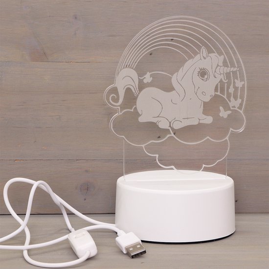 LED Nachtlamp Kinderkamer - Unicorn op Regenboog - Plexiglas 3D Effect - Met USB Kabel & Lader - Sfeerlamp voor Meisjes - Ø10cm van Merkloos — afbeelding 3