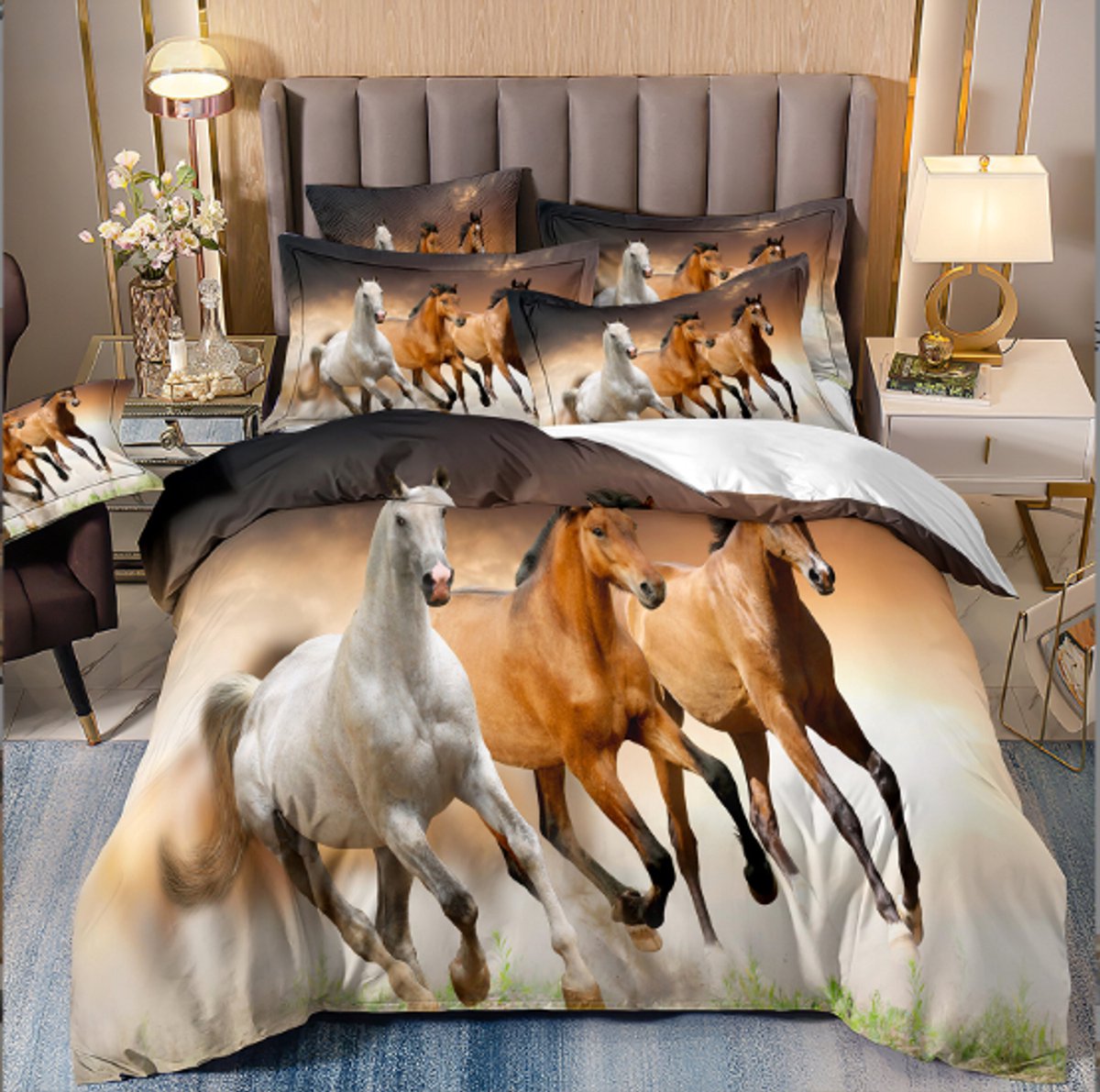 AVJWWD Beddengoed-set voor paarden met 3D-print, zacht microvezel dekbedovertrek set met dier paarden motief, met ritssluiting en kussenbezug, voor kinderen, jongens, jongeren (220x240cm, Three Horses