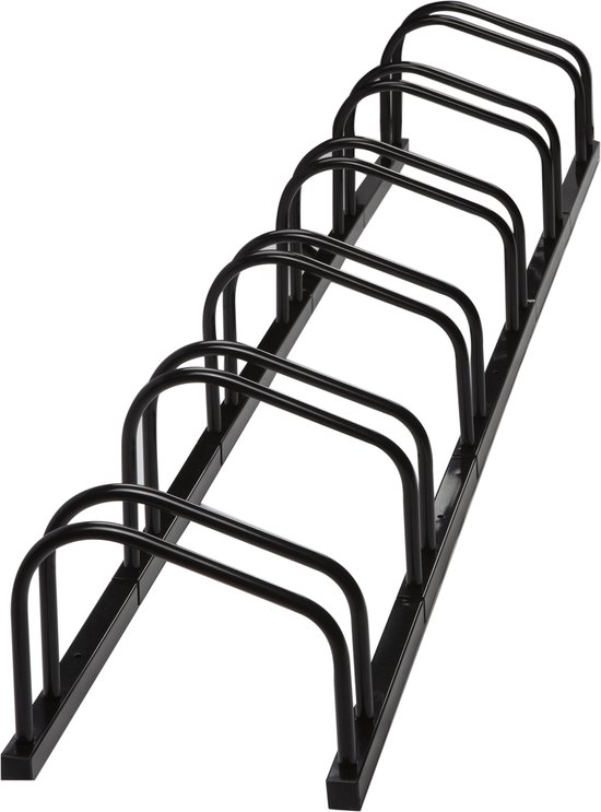 Zijaanzicht van een zwart, metalen fietsenrek voor 6 fietsen.