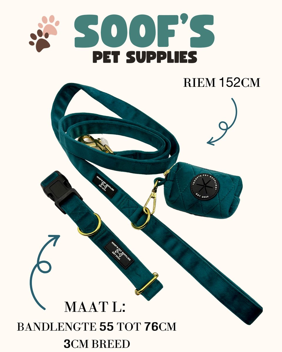 Complete set halsband, riem en poepzakhouder - Volledige hondenset - Soof's Pet Supplies - Maat L Emerald Blue - Nekomvang: 55 t/m 76 cm Hondenhalsband en lijn - Halsband en riem voor kleine honden - Hondenbenodigdheden