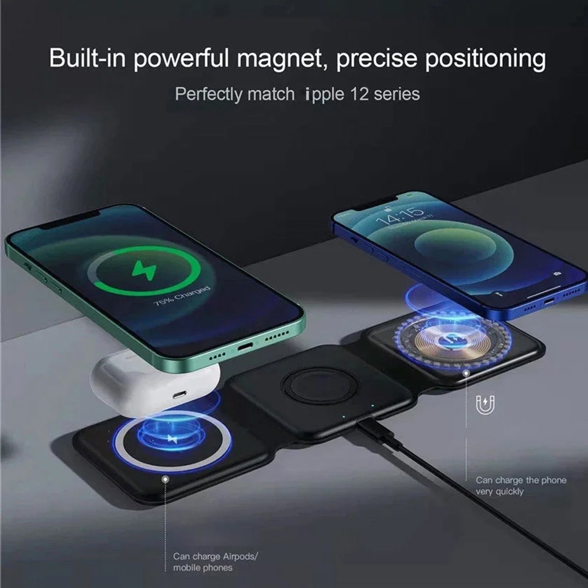 QI lader. 3 in 1 Magnetische draadloze opvouwbare snel lader QI. Geschikt voor oa. Apple en Samsung