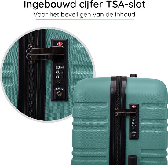 Detail van het TSA-cijferslot op de groene koffer, met een vergroot venster.