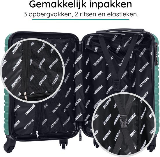Open groene koffer met mesh opbergvakken, ritsen en elastieken banden.