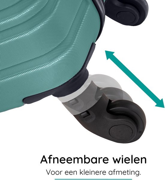 Detail van de afneembare zwenkwielen van een groene koffer.