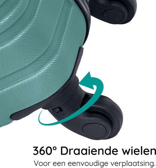 Detail van de 360 graden draaiende zwenkwielen van een groene koffer.