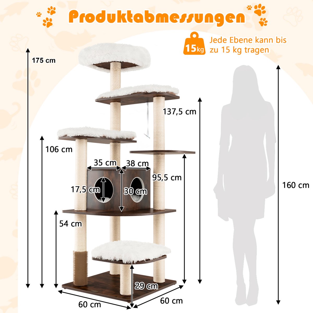 Costway 175 cm grote krabpaal van hout, 6-traps kattenkrabpaal groot, kattenspeelhuis met holte en 5 matten, activiteitenboom, kattenmeubel, klimboom, kattenhuis, kattenboom, donkerbruin thumbnail 4