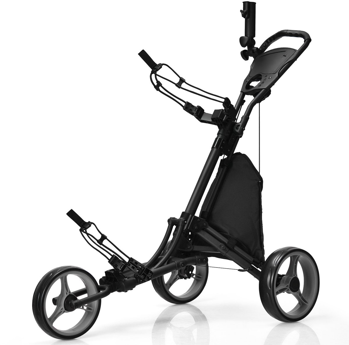 COSTWAY 3 Wielen Golf duwkar, Snel vouwen Golf Lopend Duwkar, Golftas Houder Met Tin Folie Gecoat Opbergtas, Elastische Riem, Verstelbare Paraplu & Beker Houder, Scorebord Opbergvak & Voetrem, Golftrolley voor Golfclubs