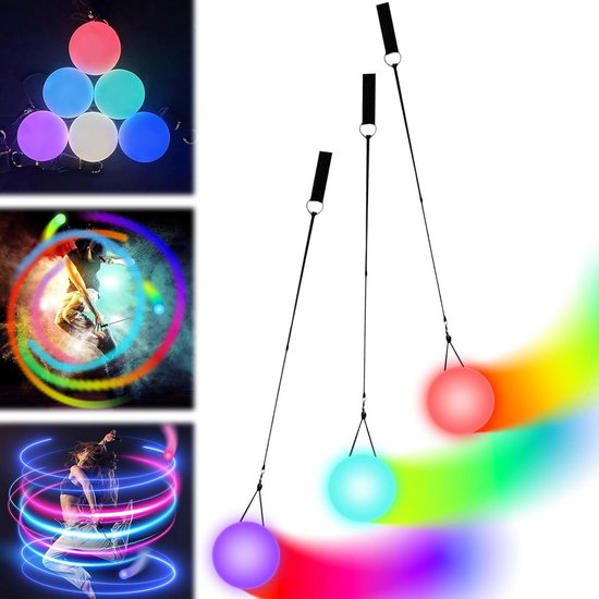 2 LED Poi Bälle Set - Regenbogenfarben, 9 Lichtmodi, Verstellbare Leinen Für Einsteiger & Profis