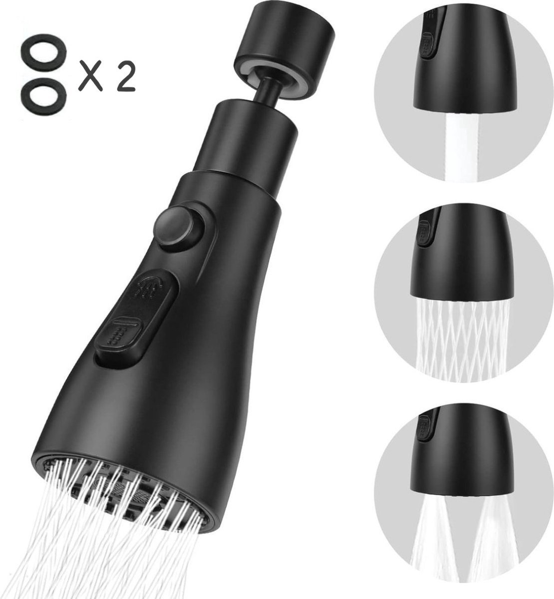 Kraan opzetstuk - 360 graden draaien -Keuken Tap G1/2- 3 standen -Kraankop- Afwassen - Keukenkraan - Waterbesparend -Flexibele kraankop - Verlengstuk - Kraanonderdelen - Roterende kraanslang - Kraan mondstuk - zwart
