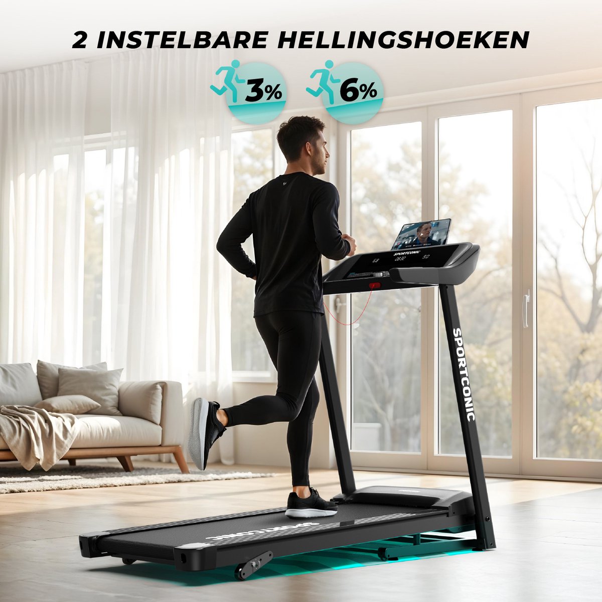 Afbeelding 3 van Sportconic Loopband 1-14 km/u – Loopband Inklapbaar – Professionele Loopband voor Thuis – 12 Programma's – Met Hellingfunctie – Incl. Tablethouder en LED-display - Ruim loopoppervlak - Stevig ontwerp