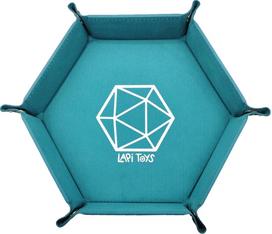 Turquoise, zeshoekig, gevormd dobbelstenenbakje van Lapi Toys met wit 20-vlakkig dobbelsteenlogo.