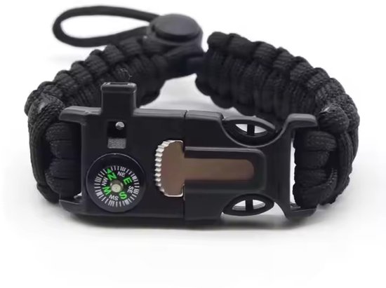 Prepper Basis | Survival Armband | Verstelbaar | Vuursteen | Magnesiumstaaf | Noodfluit | Kompas | Paracord | Armband | Noodpakket | 72-uurspakket | Nooduitrusting | Outdoor | Kamperen | Preppen | Scouting | Oorlog | Noodsituatie | Zwart
