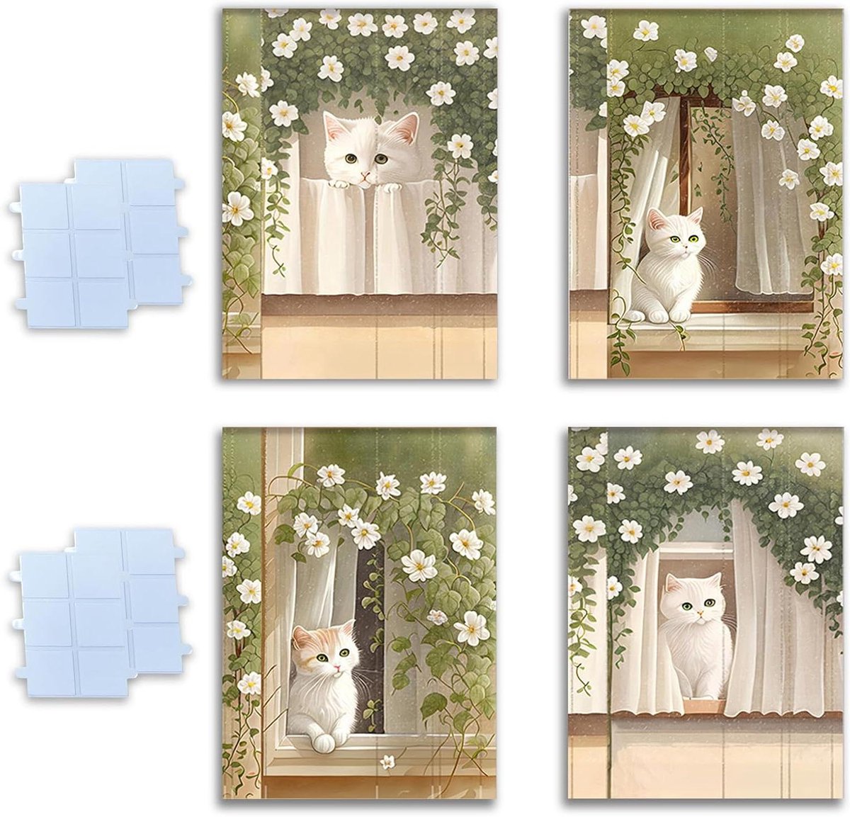 Set van 4 kattenafbeeldingen voor kinderkamer - zonder lijst - decoratie met dubbelzijdig plakband