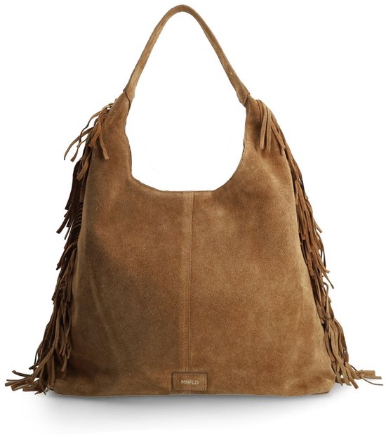 Manfield Cognac Suède Schoudertas Met Franjes - Maat Onesize