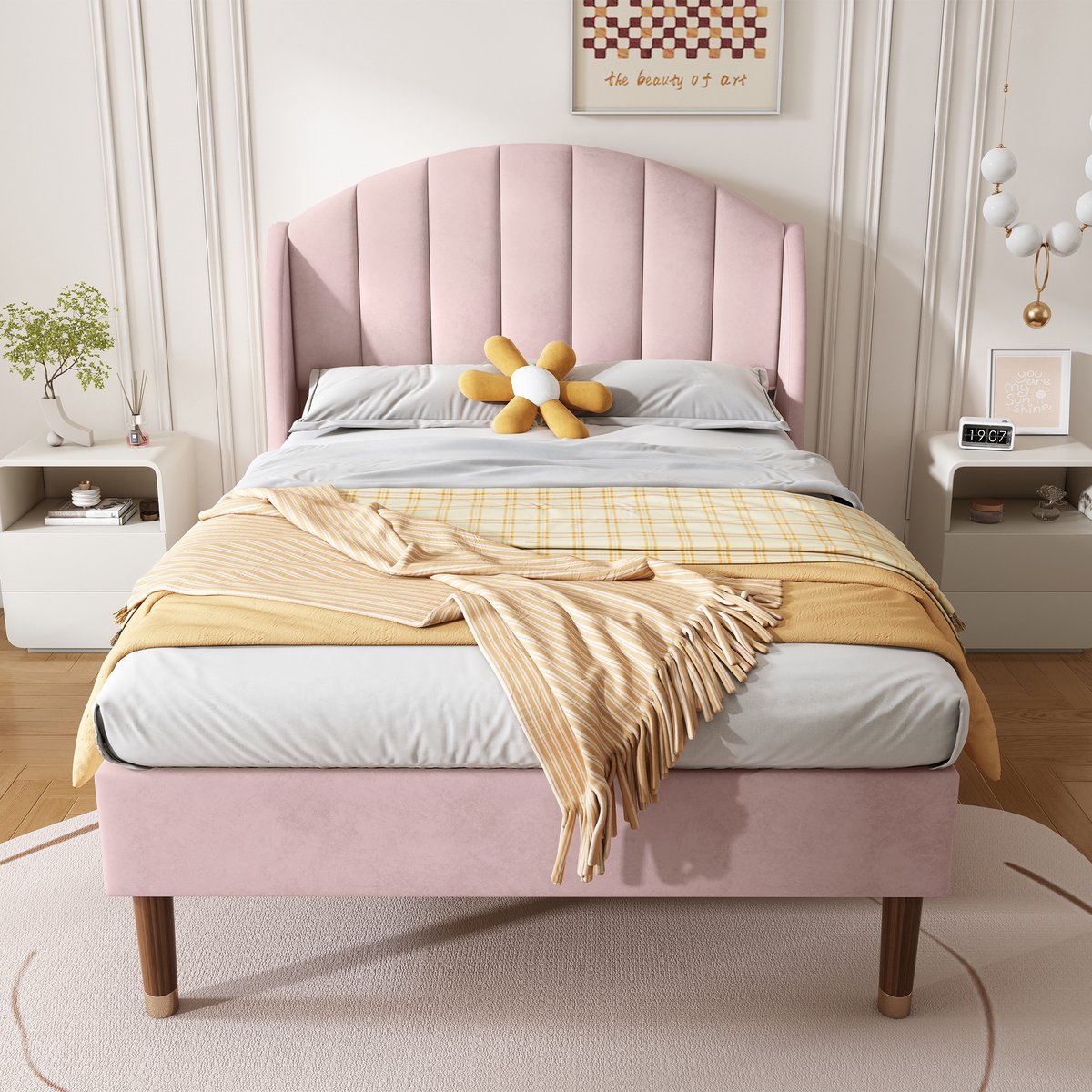 Merax Gestoffeerd bed 90 x 200 cm mit Lattenrost und Kopfteil - Jugendbed - Eenpersoonsbed - Roze