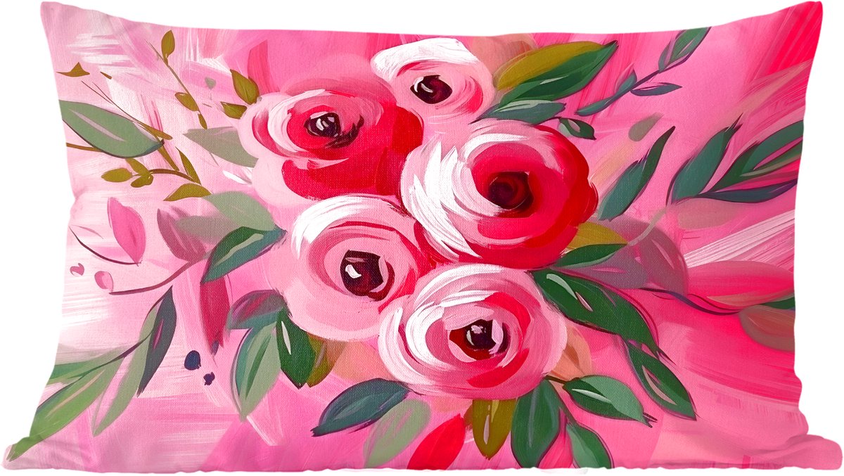 Sierkussens - Kussentjes Woonkamer - 50x30 cm - Bloemen - Verf - Roze