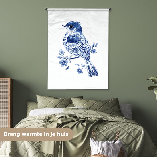 Wandkleed 90x120 cm - Wanddoek Vogel - Delfts blauw - Illustratie - Bloemen - Wandtapijt - Wandkleden