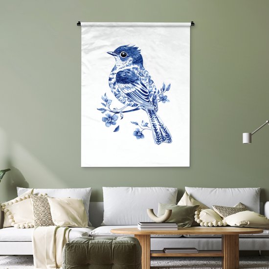 Wandkleed 90x120 cm - Wanddoek Vogel - Delfts blauw - Illustratie - Bloemen - Wandtapijt - Wandkleden