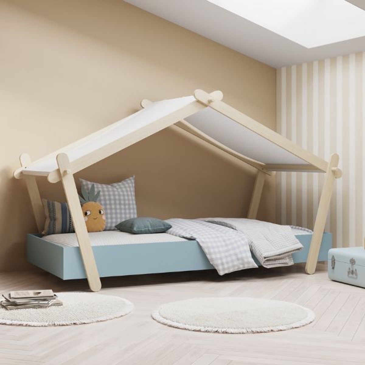 Kinderbed Lodge | 223,2 X 105,5 X 129,7 Cm | Blauw-Wit - CBA - Huisbed - Blauw - MDF Eenpersoons Normaal Bed