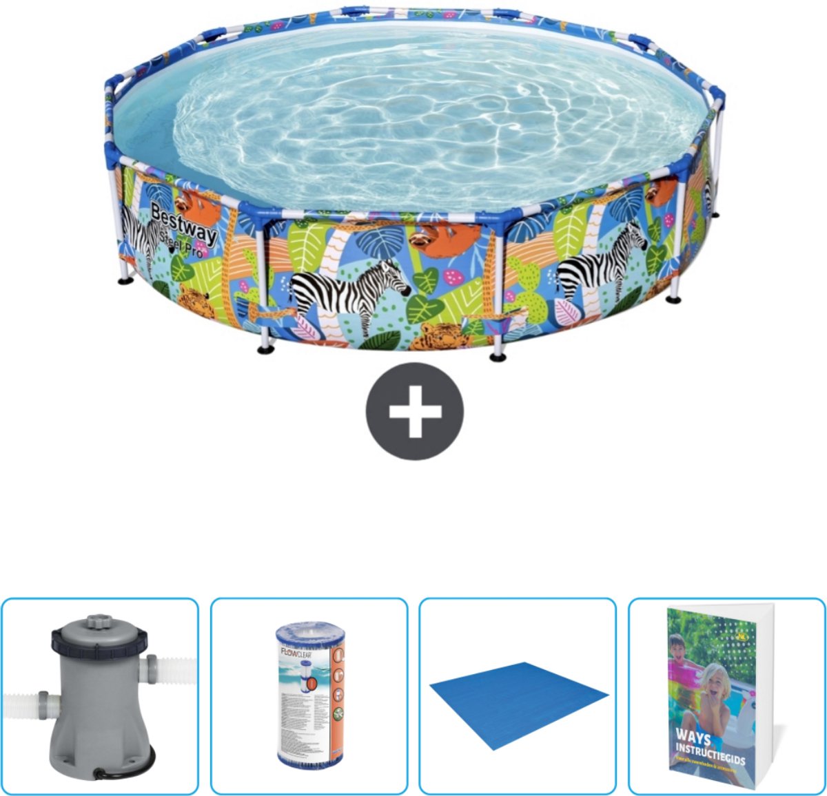 Bestway Rond Steel Pro Zwembad - 305 x 66 cm - Jungleprint - Inclusief Pomp - Filter - Grondzeil - Zwembadgids