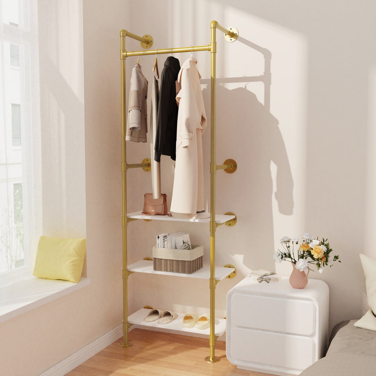 unho industriële pijp kledingrek - wand gemonteerd kledingrek - met 3 verdiepingen witte planken - gouden kledingrek voor walk-in garderobe detailhandel display