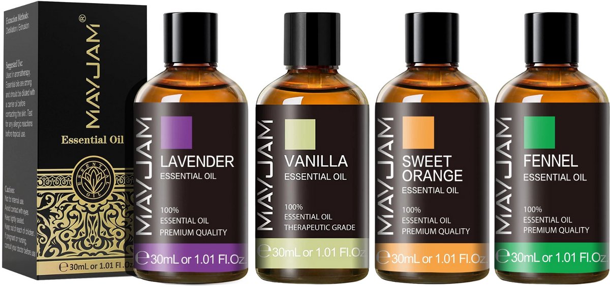 Etherische Olie Set 4 - Lavendel - Vanilla - Zoete Sinaasappel - Venkel/Anijs - Combi Oliën 4 x 30ml -Lavender - Vanilla - Sweet Orange - Fennel (adviesprijs €99,80)