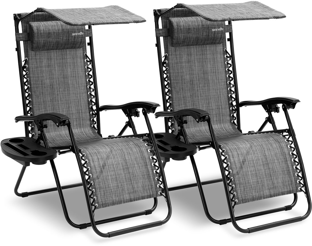 SereneLife Ligstoel set van 2 – Verstelbare Buitenkamerstoel met Afneembaar Bekerhouderblad en Zonnescherm– Inklapbare Relaxstoel met Verwijderbare Kussens