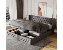 Orenvormig Gestoffeerd bed met veel opbergruimte - Tweepersoonsbed 180x200 cm met hydraulische functie - Grijs