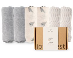 Love Nest Hydrofiele Doeken Ocean – 60x60 cm – Set van 6 – Tetradoeken Baby – Ultra Zacht & Absorberend – Voor Jongens en Meisjes – Kraamcadeau