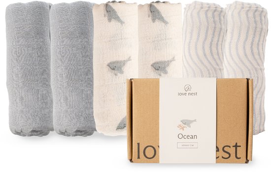 Love Nest Hydrofiele Doeken Ocean – 60x60 cm – Set van 6 – Tetradoeken Baby – Ultra Zacht & Absorberend – Voor Jongens en Meisjes – Kraamcadeau