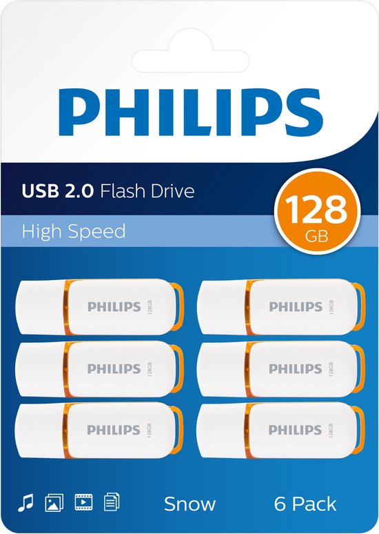 Clé USB Philips FM12FD70B - 128 Go - USB 2.0 - Édition Neige Sunrise Orange® - Wit - Lot de 6