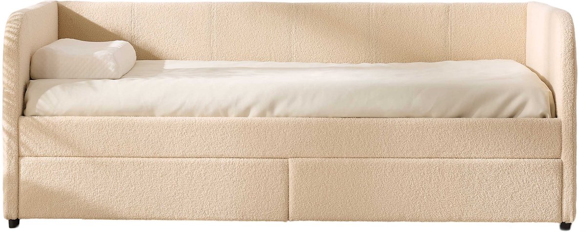 Kajuitbed Spector - 90 X 200 Cm - Met Opberglades - Beige Teddystof - Emob Exclusive - Eenpersoons Gestoffeerd Bed - Beige - Stof; MDF Eenpersoons Normaal Bed