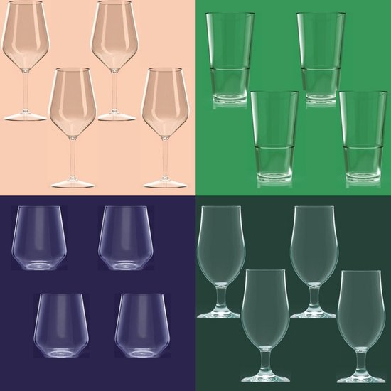 OneTrippel - Waterglazen - Wijnglazen - Bierglazen - Feest glazen - Party glazen - Onbreekbare glazen - Glazen 16 stuks - Set Glazen - Waterglas - Kunststof Glazen - Plastic glazen - Combi deal 16 stuks